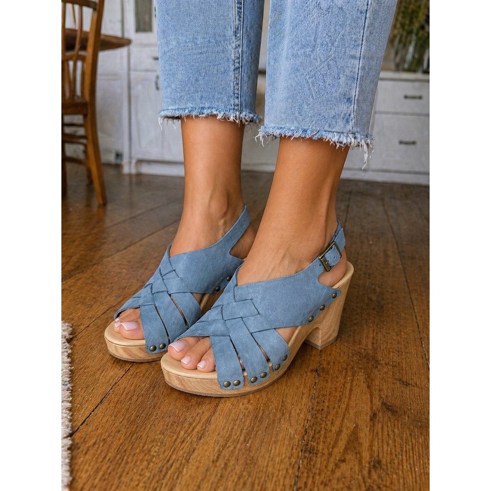 Korks Blue Leather Woven Slingback Platform Sandals Wood Grain Block Heel Clogs